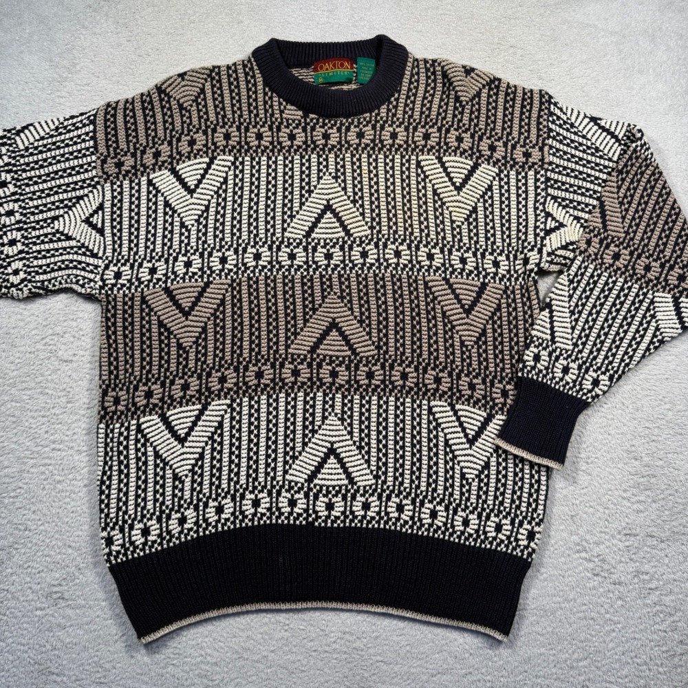 Vintage 90s Oakton Limited Men's Geometric Pattern Knit 100% Cotton Sweater‎